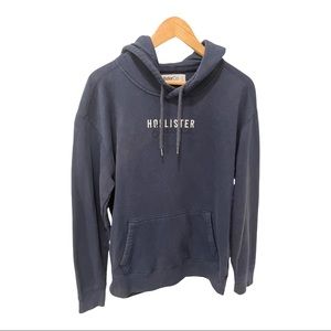 HOLLISTER CO NAVY BLUE EMBROIDERED WHITE LOGO LETTERING HOODIE SWEATSHIRT SZ LRG